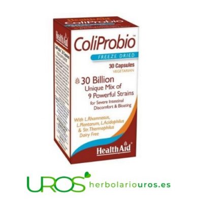 ColiProbio de Health Aid - probióticos para tu digestión ColiProbio de lab. Health Aid - dosis elevada de 30.000 millones de cultivos totales por cápsula - para tu mejor digestión  Suplemento a base de de bifidobacterias, lactobacilos, estreptococos y Fruco-oligoscáridos (FOS prebióticos) para una buena proliferación de los probióticos