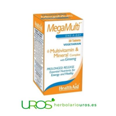 MegaMulti Health Aid - tu multivitamínico con Ginseng MegaMulti de Health Aid un es un remedio natural que te aporta energía Mega Multi Health Aid - tu multivitamínico completo con la planta de ginseng puro - fuente natural de energía para rendir al máximo
