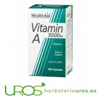 La vitamina A pura en cápsulas para tu salud: 5.000 UI Vitamina A en dosis alta en cápsulas: Vitamina A para tu pelo y la piel Las propiedades y los beneficios de la Vitamina A  de Health Aid para el pelo y la piel