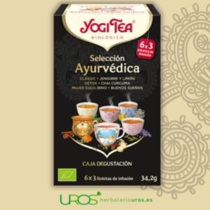 Yogi tea caja degustación selección Yogi tea caja degustación es una selección ayurvédica que te aporta 3 bolsas de cada una de las variedades de yogi tea 3 bolsitas de cada una - Yogi tea classic, Yogi tea jengibre y limón, Yogi tea detox, Yogi tea chai cúrcuma, Yogi tea mujer equilibrio y Yogi tea buenos sueños